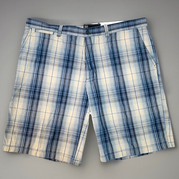 Weatherproof Plaid Cotton Shorts Mens 40 Blue Beige Preppy Flat Front Cotton - Picture 1 of 11